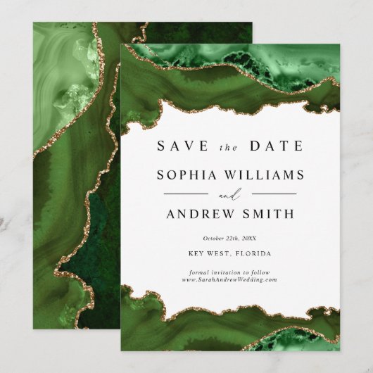 White & Greenery Gold Save the Date Kaart (Voorkant / Achterkant)
