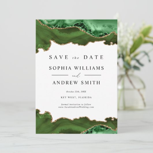 White & Greenery Goud Save the Date Kaart (Staand voorkant)