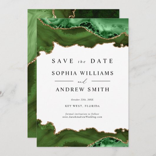 White & Greenery Goud Save the Date Kaart (Voorkant / Achterkant)