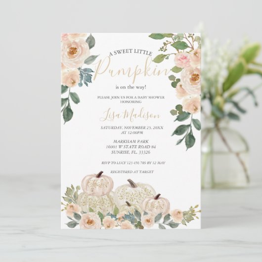 White Greenery Pumpkin Baby shower Invitation Kaart (Staand voorkant)