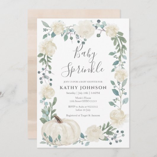 White Greenery Pumpkin Baby Sprinkle Invitation Kaart (Voorkant / Achterkant)