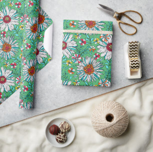 White Greenery Yellow Oranje Red Daisy Flowers Cadeaupapier