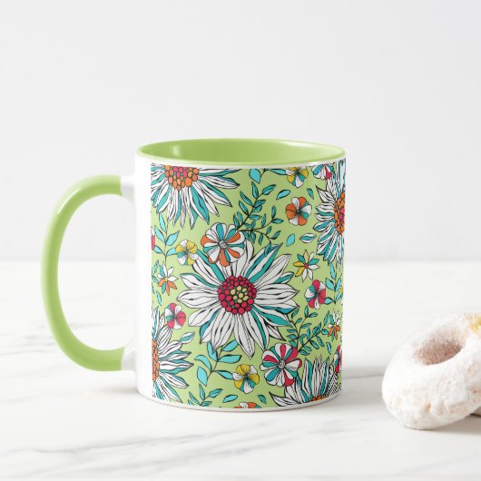 White Greenery Yellow Oranje Red Daisy Flowers Mok (Met donut)