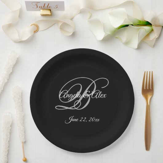 White Grey and Black Fancy Monogram Weddenschap Papieren Bordje (Huwelijk)
