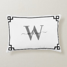 White Grey Black Greek Key Monogramed Accent Kussen