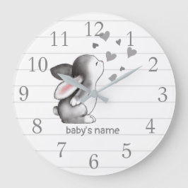 White Grey Bunny Heart Nursery Decor Wall klok
