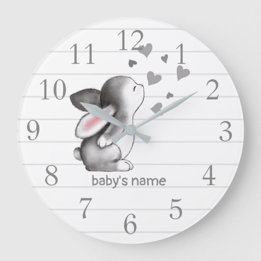 White Grey Bunny Heart Nursery Decor Wall klok (Voorkant)