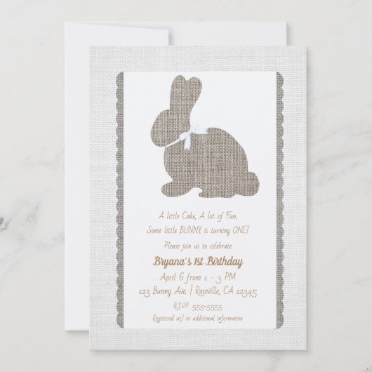 White Grey Burlap Rustic Bunny Easter 1st Birthday Kaart (Voorkant)