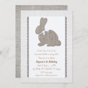 White Grey Burlap Rustic Bunny Easter 1st Birthday Kaart