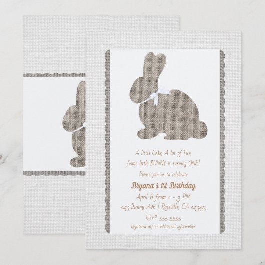 White Grey Burlap Rustic Bunny Easter 1st Birthday Kaart (Voorkant / Achterkant)