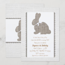 White Grey Burlap Rustic Bunny Easter 1st Birthday
