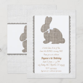 White Grey Burlap Rustic Bunny Easter 1st Birthday Kaart