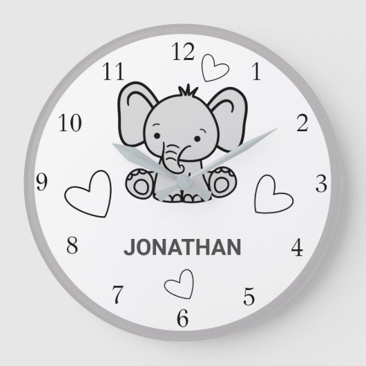 White Grey Cute Elephant Nursery Wall Clock Grote Klok (Voorkant)