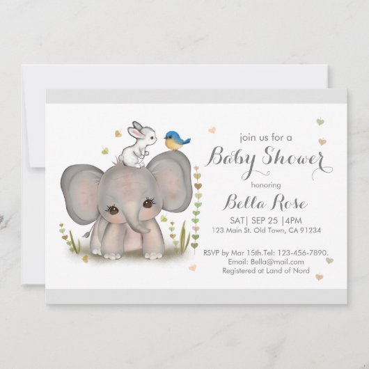 White Grey Elephant Bunny Baby shower Invitation Kaart (Voorkant)