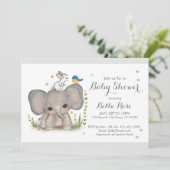 White Grey Elephant Bunny Baby shower Invitation Kaart (Staand voorkant)