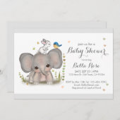 White Grey Elephant Bunny Baby shower Invitation Kaart (Voorkant / Achterkant)