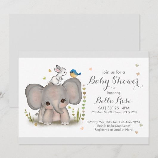 White Grey Elephant Bunny Baby shower Invitation Kaart (Voorkant / Achterkant)