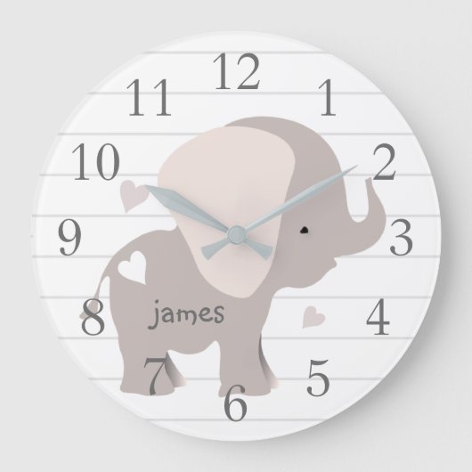 White Grey Elephant Nursery Wall Clock Grote Klok (Voorkant)
