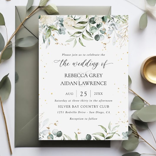 White Grey Green Floral Waterverf Wedding Kaart