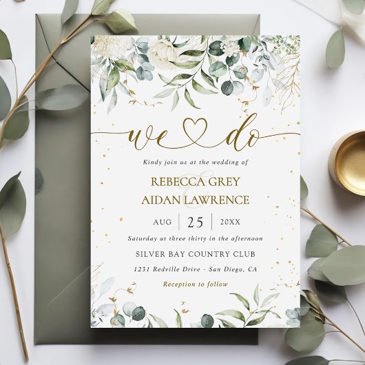 White Grey Green Floral Waterverf Wedding Kaart
