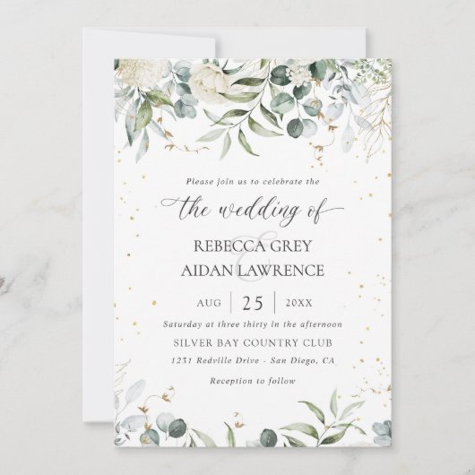 White Grey Green Floral Waterverf Wedding Kaart (Voorkant)