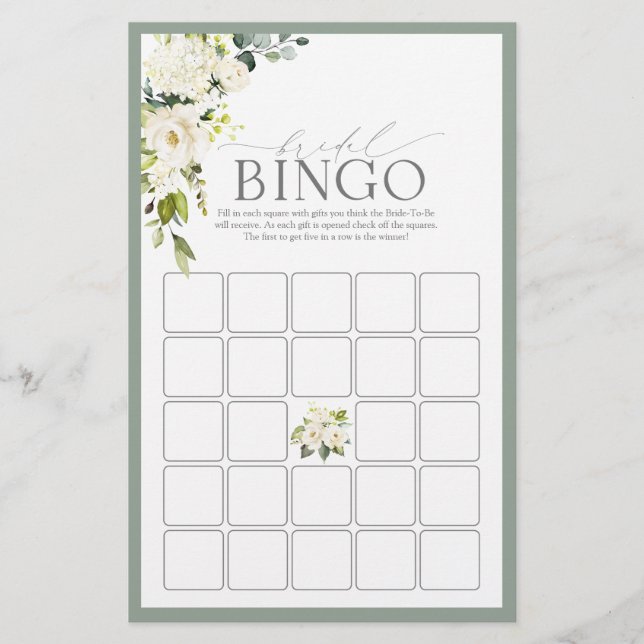 White Grey Green Waterverf Bridal Bingo Game (Voorkant)