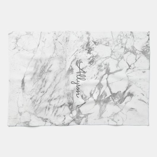 White & Grey Marble DIY Dark Grey Name of Monogram Theedoek (Horizontaal)