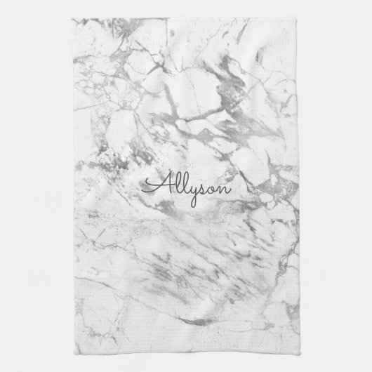 White & Grey Marble DIY Dark Grey Name of Monogram Theedoek (Verticaal)