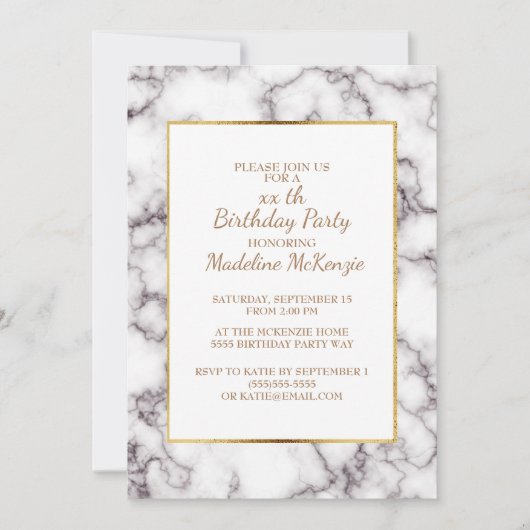 White Grey Marble Gold Trim Birthday Party Invite Kaart (Voorkant)