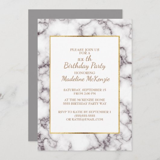 White Grey Marble Gold Trim Birthday Party Invite Kaart (Voorkant / Achterkant)