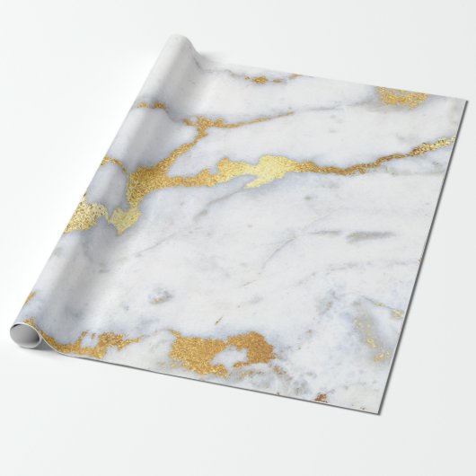 White Grey Marble Golden Shiny Brushes Bright Cadeaupapier (Uitgerold)