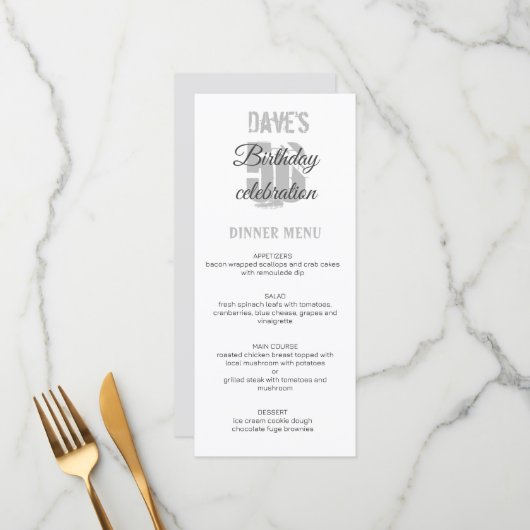 White Grey Minimalist 50th Any Birthday Party Menu (Voorkant / Achterkant in situ)