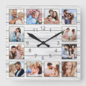 White Grey Wood Custom Photo Collage Elegant Vierkante Klok (Voorkant)