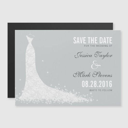 White & GreyLace Wedding Dress Save the Date Magnetische Uitnodiging (Voorkant / Achterkant)