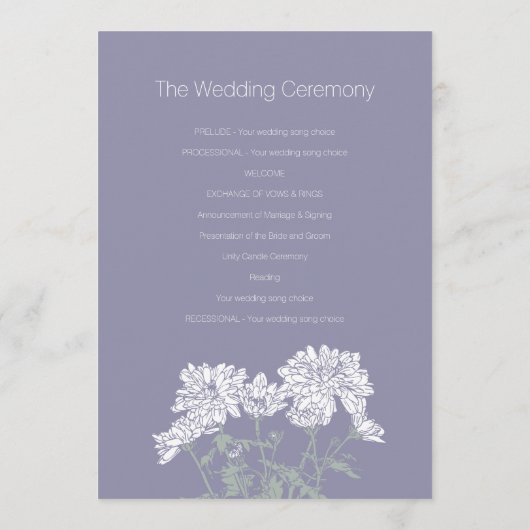 White grijs chrysanthemum trouwprogramma programmakaart (Achterkant)