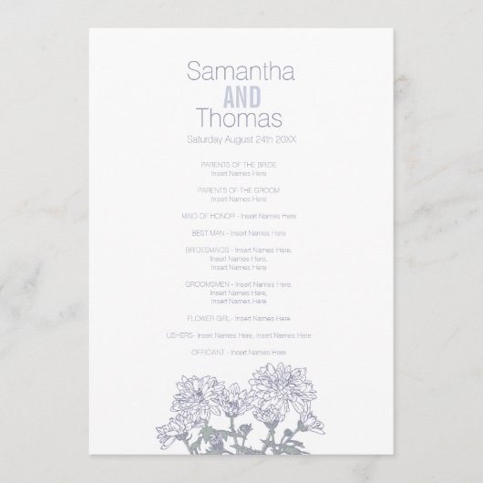 White grijs chrysanthemum trouwprogramma programmakaart (Voorkant)