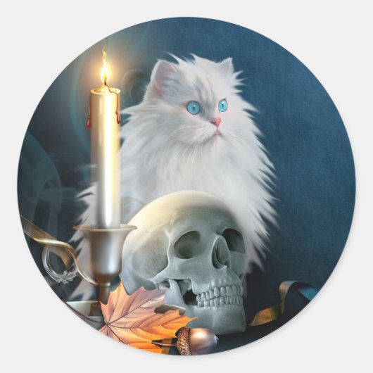White Halloween cat Ronde Sticker (Voorkant)