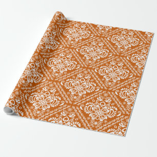 White & Halloween oranje Floral DamasPatroon Cadeaupapier