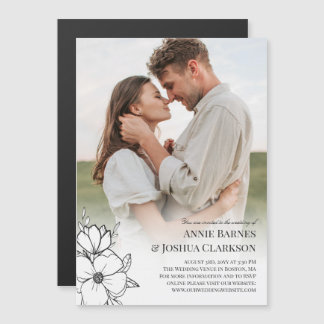 White Hand Drawn Flowers Photo Wedding Magnetische Uitnodiging