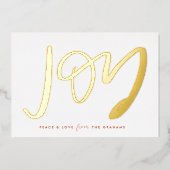 White Hand-Lettered Joy Photo Gold Folie Feestdagenkaart (Voorkant)