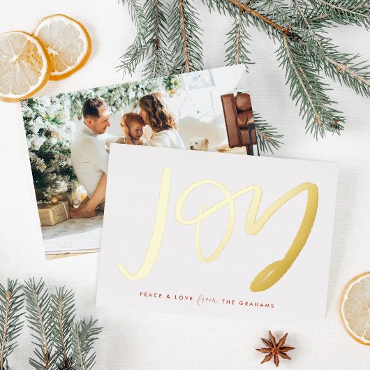 White Hand-Lettered Joy Photo Gold Folie Feestdagenkaart