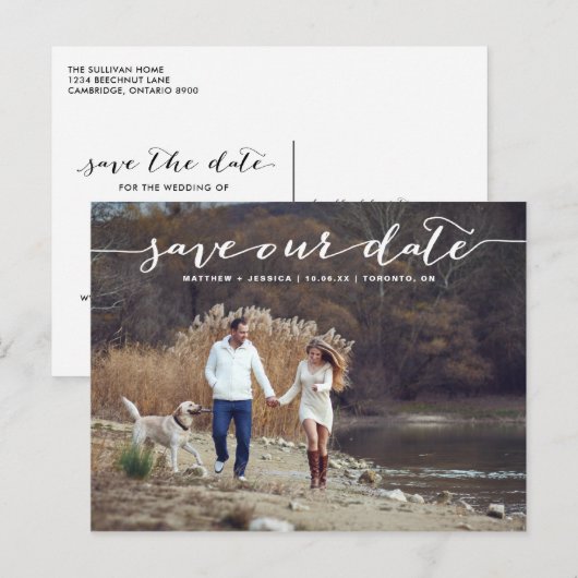 White Handgeschreven script foto Save Our Date II Aankondigingskaart (Voorkant / Achterkant)
