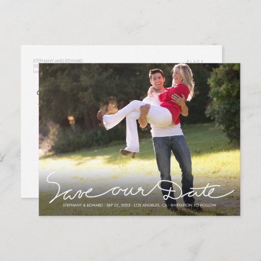 White Handwrite Save our Date Photo Briefkaart (Voorkant / Achterkant)