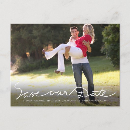 White Handwrite Save our Date Photo Briefkaart (Voorkant)