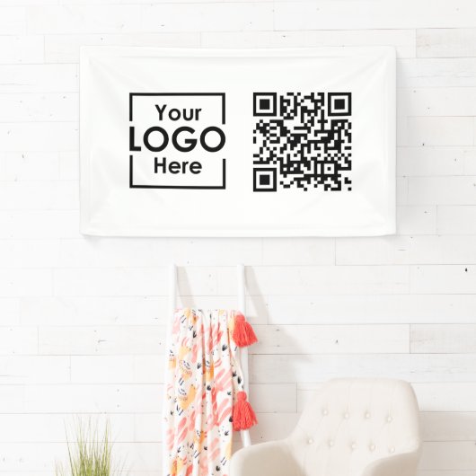 White Hanging Banner Sign Business Logo QR Code (Insitu)