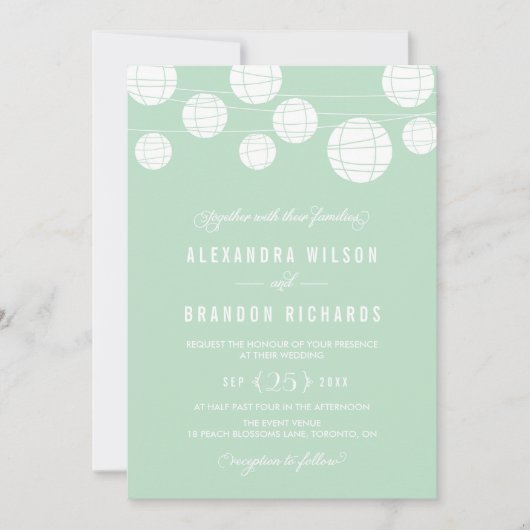 White Hanging Lantern Mint Wedding Invitation Kaart (Voorkant)