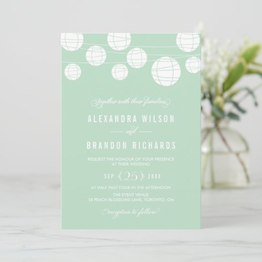 White Hanging Lantern Mint Wedding Invitation Kaart (Staand voorkant)