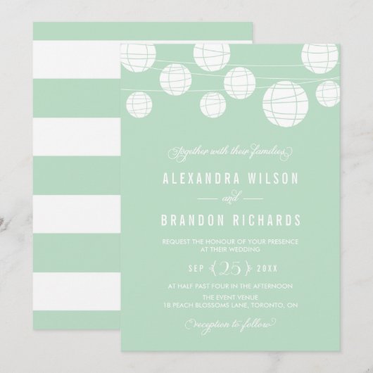 White Hanging Lantern Mint Wedding Invitation Kaart (Voorkant / Achterkant)