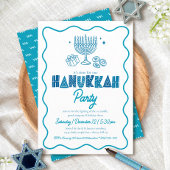 White Hanukkah Turquoise Typography Doodle Party Kaart