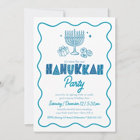 White Hanukkah Turquoise Typography Doodle Party Kaart (Voorkant)